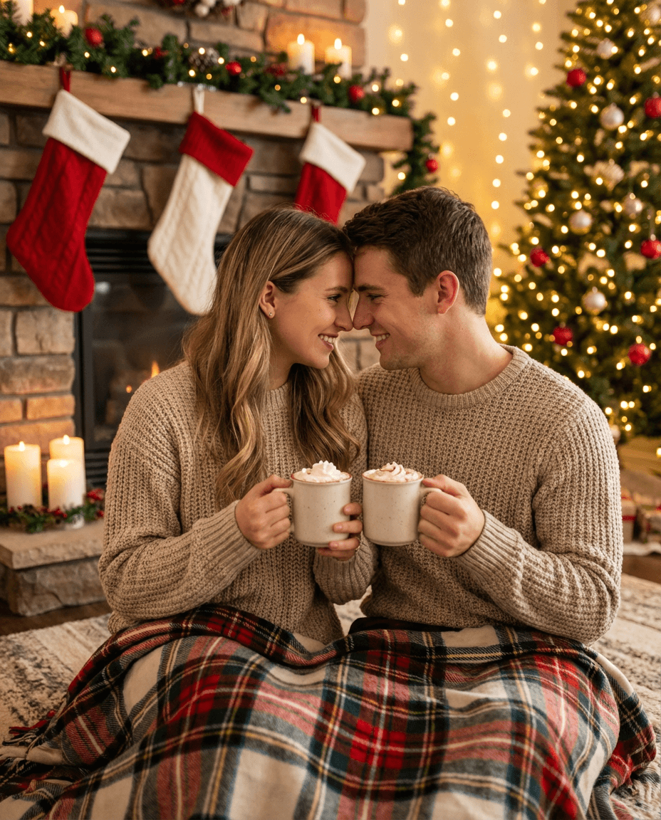 Romantic AI Christmas photo of young couple in cozy sweaters holding mugs of hot chocolate, sitting by fireplace with Christmas stockings, warm blanket, decorated mantle with garland and candles, intimate moment, soft golden lighting, bokeh lights from Christmas tree in background, couples portrait photography style, 4K quality