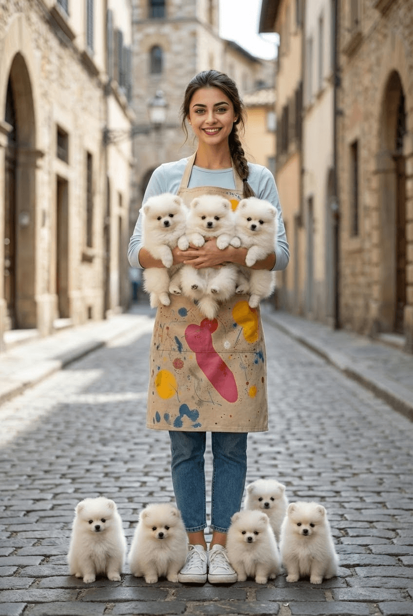 Create a heartwarming full-body scene with 9 tiny fluffy white Pomeranian puppies around me. 4 puppies sitting at my feet on the ground, 3 puppies in my arms held against my body, 2 puppies near my legs. My face clearly visible with original smile/expression, complete full-body pose from head to toe, fashionable outfit entirely shown, and scenic outdoor background (street/architecture) stay exactly as original. Pomeranians with cloud-like white fur, button noses, adorable faces. Natural daylight, soft ground shadows, Instagram Reels full-body aesthetic, elegant outdoor setting, person's face and entire body perfectly preserved, photorealistic 8K detail.