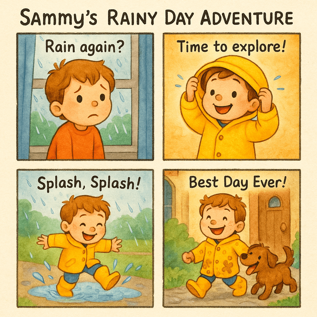 Create a 2×2 comic page titled Sammy’s Rainy Day Adventure