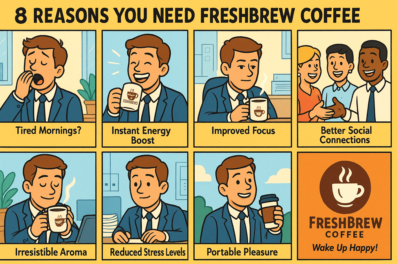 Generate an 8-panel horizontal 4×2 grid comic titled 8 REASONS YOU NEED FRESHBREW COFFEE